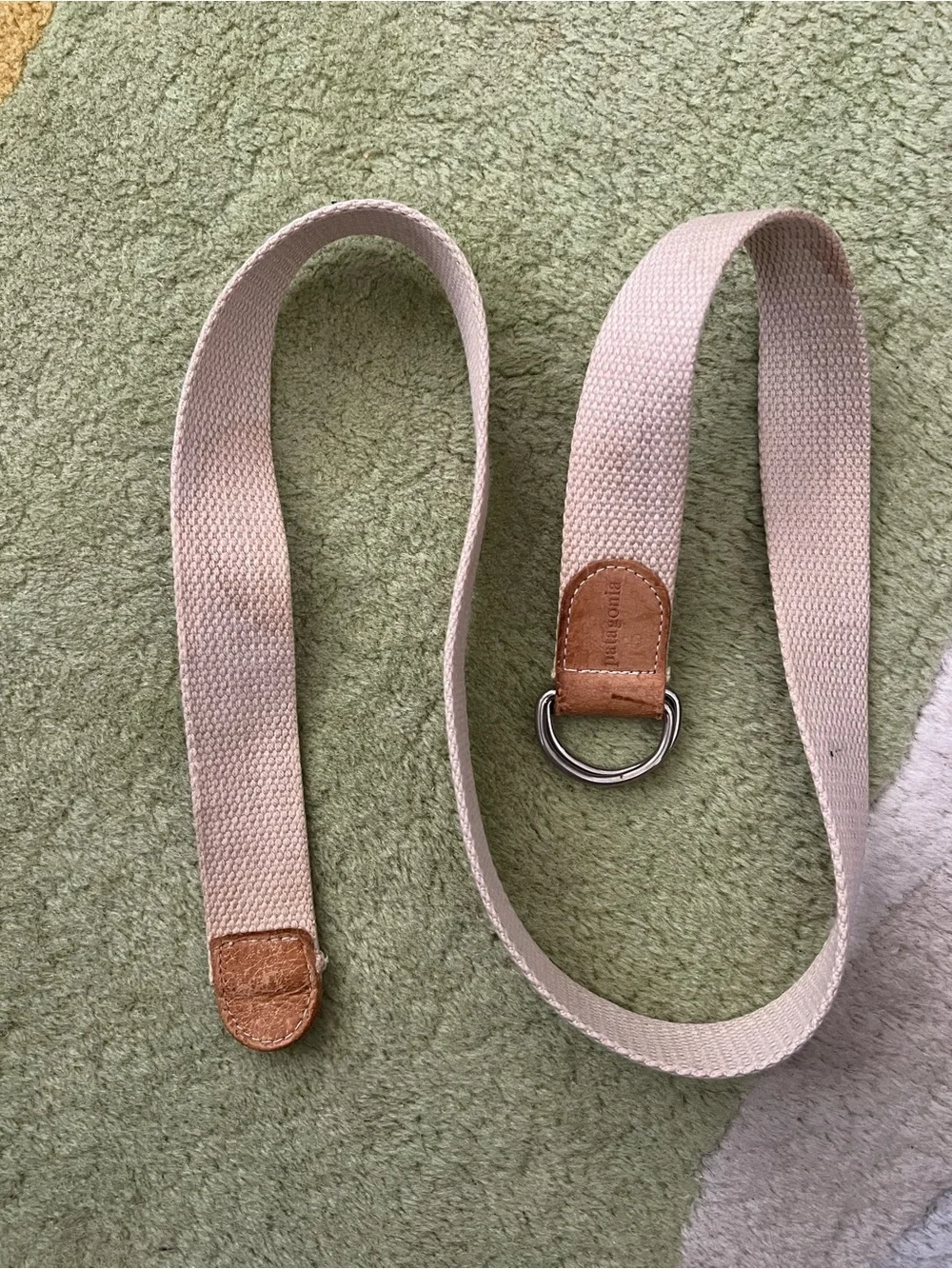 VTG Patagonia Webbing Belt Mens Medium Oat Canvas D Ring Leather Trim 36 inch